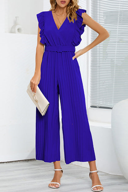 Casual simplicity solid with belt V-neck regular jumpsuits