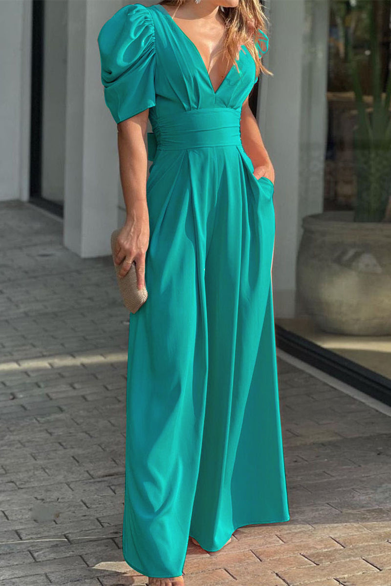 Casual simplicity sturdy-v-neck loose jumpsuits (5 colors)