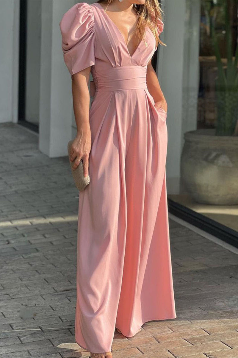 Casual simplicity sturdy-v-neck loose jumpsuits (5 colors)