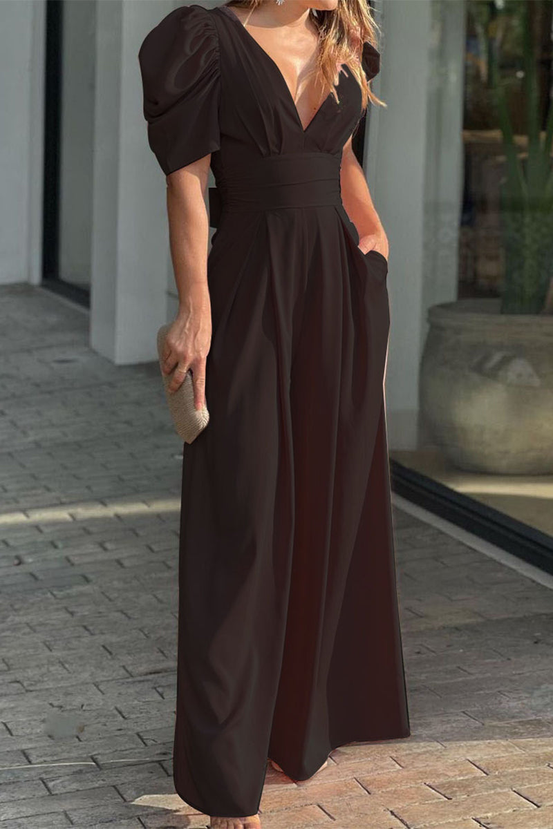 Casual simplicity sturdy-v-neck loose jumpsuits (5 colors)