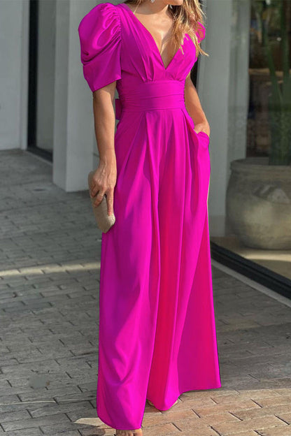 Casual simplicity sturdy-v-neck loose jumpsuits (5 colors)