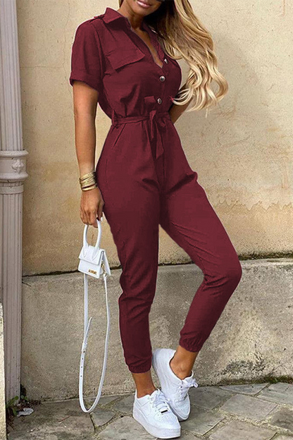 Casual Everyday Solid Frenulum with Belt Turndown Collar Regular Jumpsuits(10 colors)
