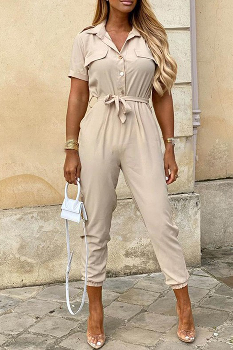 Casual Everyday Solid Frenulum with Belt Turndown Collar Regular Jumpsuits(10 colors)