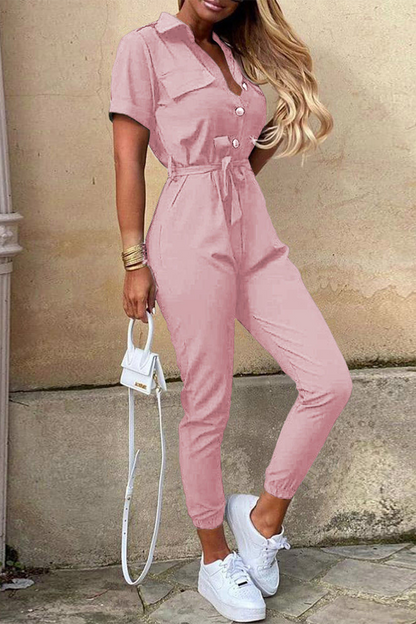 Casual Everyday Solid Frenulum with Belt Turndown Collar Regular Jumpsuits(10 colors)