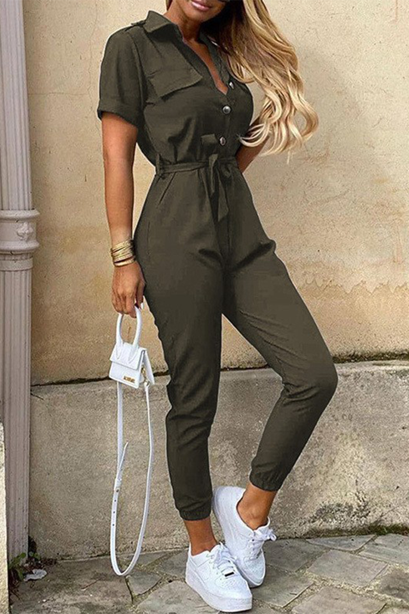 Casual Everyday Solid Frenulum with Belt Turndown Collar Regular Jumpsuits(10 colors)