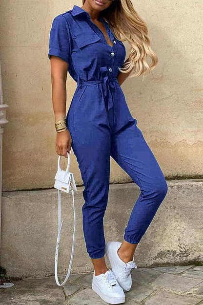 Casual Everyday Solid Frenulum with Belt Turndown Collar Regular Jumpsuits(10 colors)