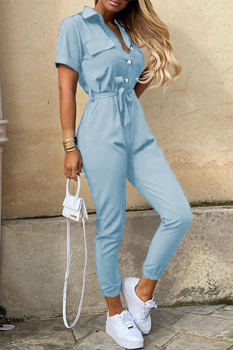 Casual Everyday Solid Frenulum with Belt Turndown Collar Regular Jumpsuits(10 colors)