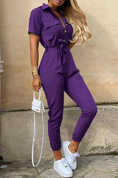 Casual Everyday Solid Frenulum with Belt Turndown Collar Regular Jumpsuits(10 colors)