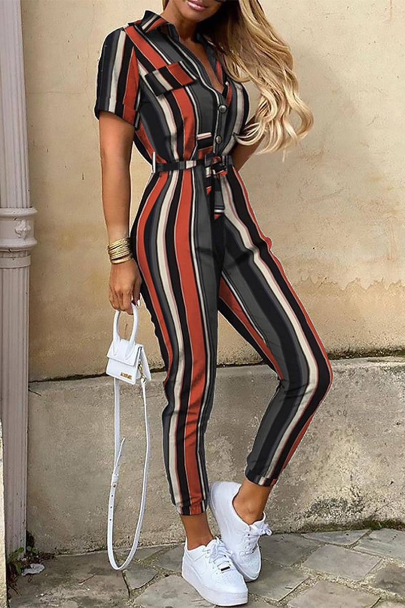 Casual Print Patchwork Turn-down Collar Regular Jumpsuits