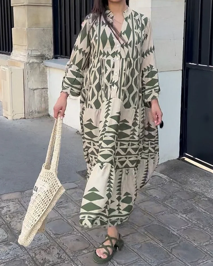 Kimy women's fashion, casual, V-neck, long-sleeved, printed dress