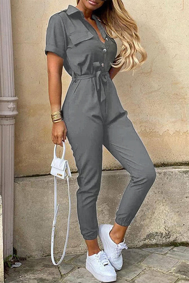 Casual Everyday Solid Frenulum with Belt Turndown Collar Regular Jumpsuits(10 colors)