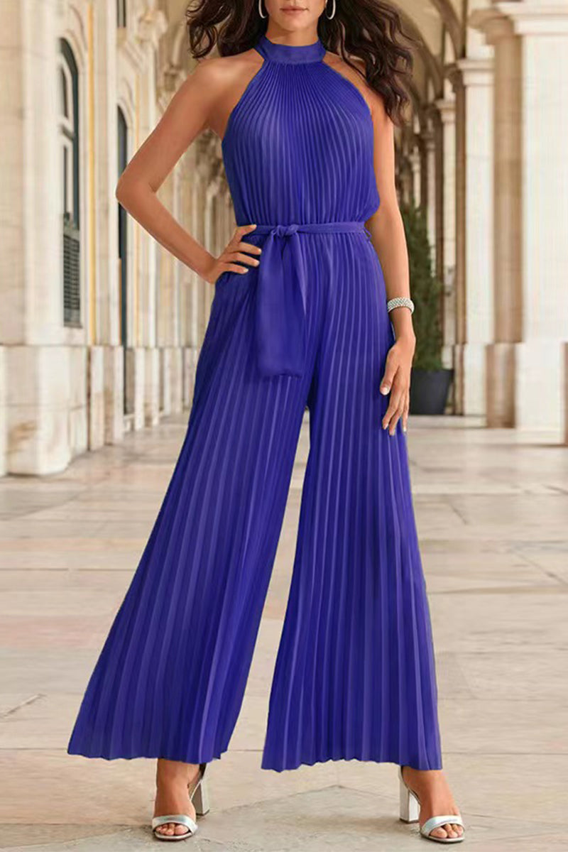 LD Simplicity Solid Frenulum Pleat Halter Loose Jumpsuits (6 Colors)