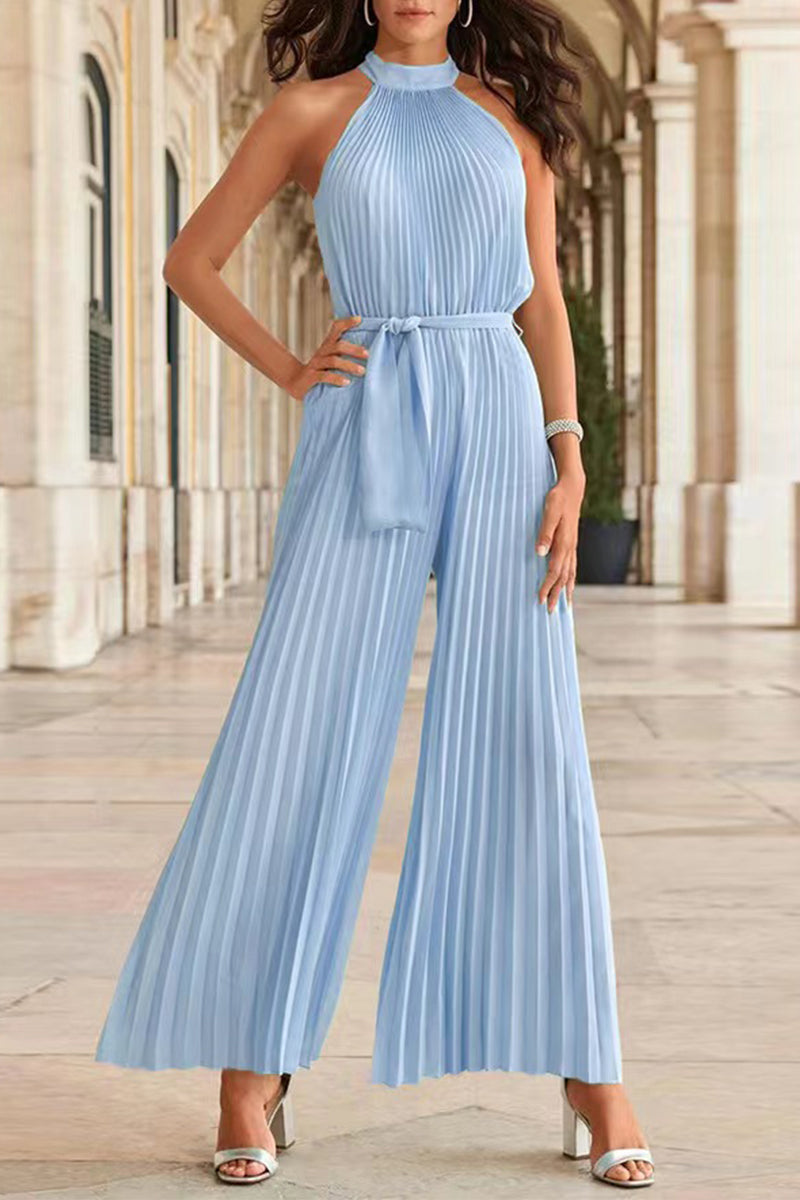 LD Simplicity Solid Frenulum Pleat Halter Loose Jumpsuits (6 Colors)
