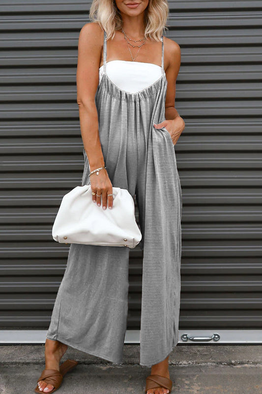 Casual solid-color U-neck loose jumpsuits