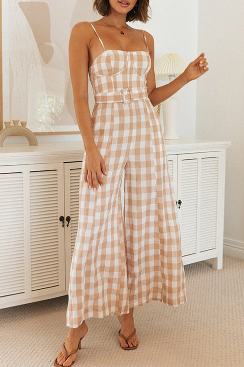LD plaid jumpsuits with square collar