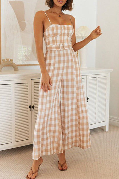 LD plaid jumpsuits with square collar