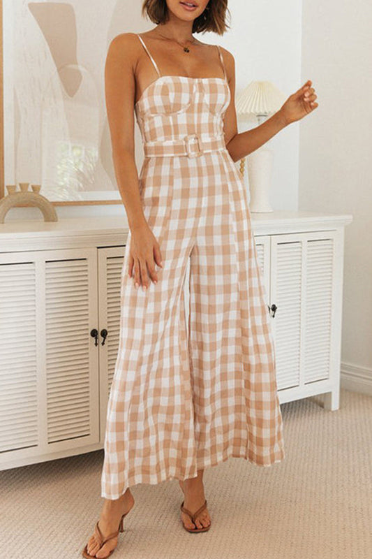 plaid jumpsuits with square collar
