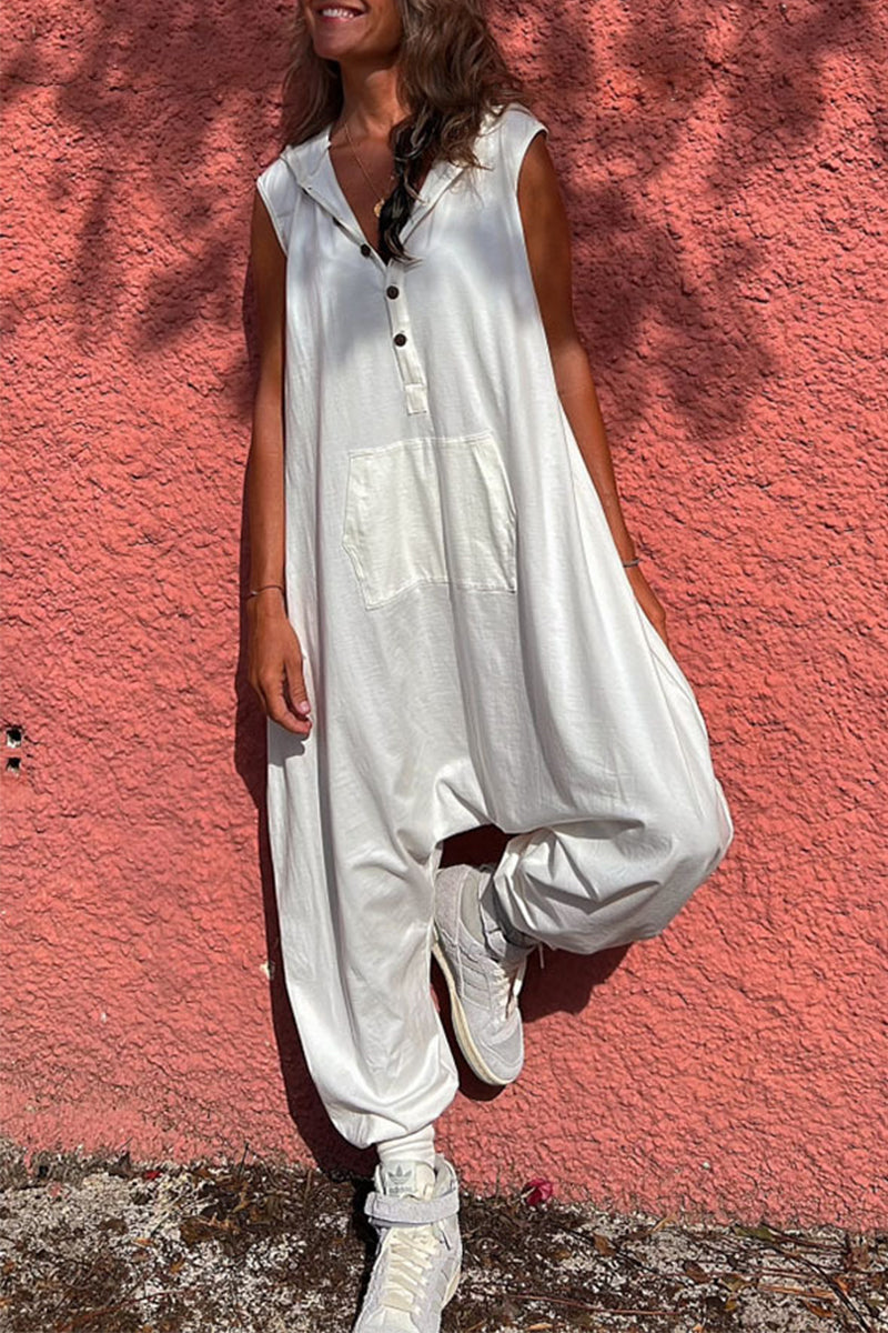 Casual Sportswear Solid Pocket Hooded Collar Straight Jumpsuits (3 Colors)