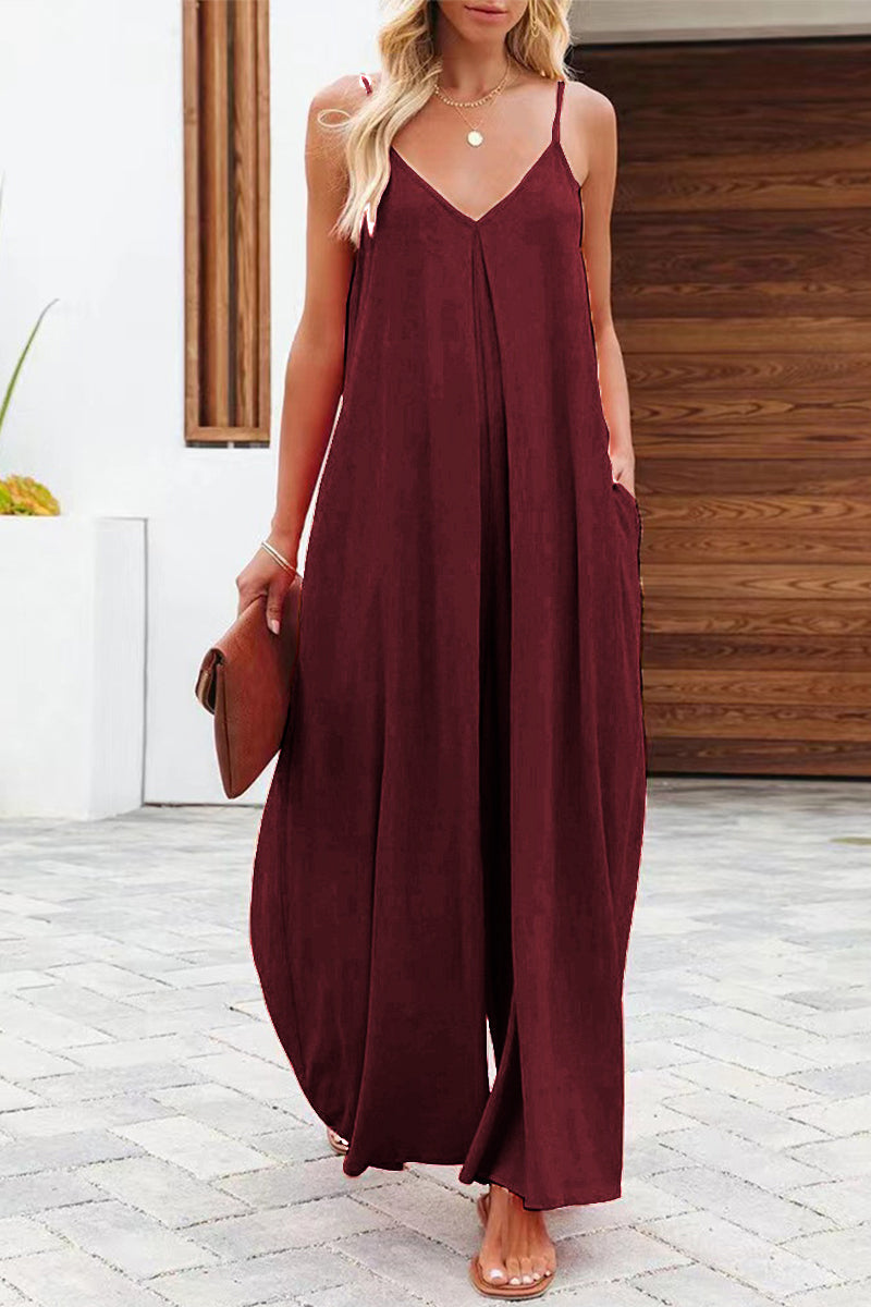 Casual solid color V-neck loose jumpsuits (6 colors)