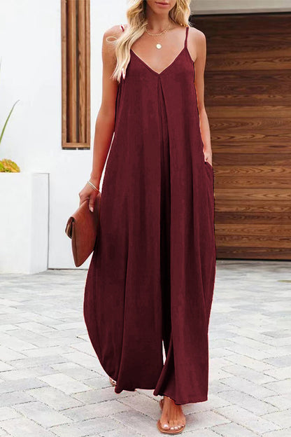Casual solid color V-neck loose jumpsuits (6 colors)