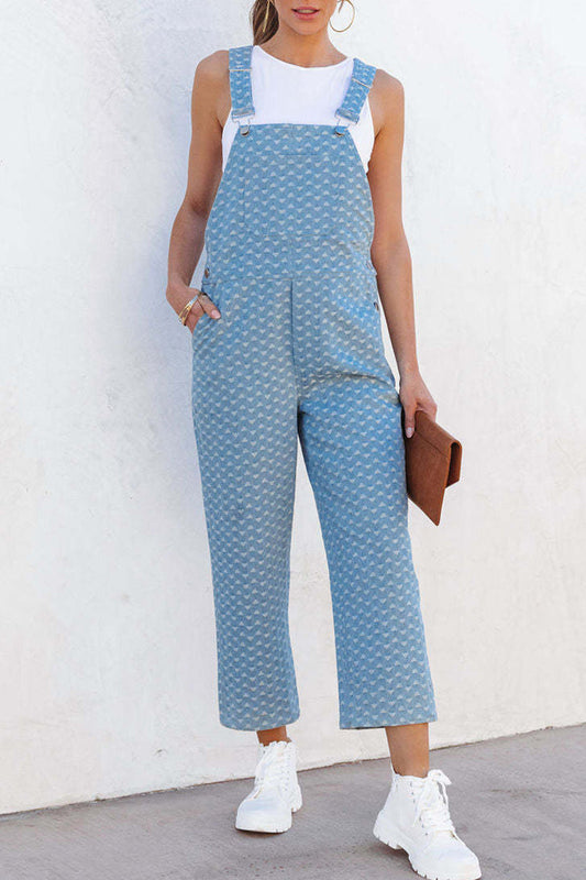LD Street Print Pocket Square Collar Sleeveless Loose Denim Jumpsuits