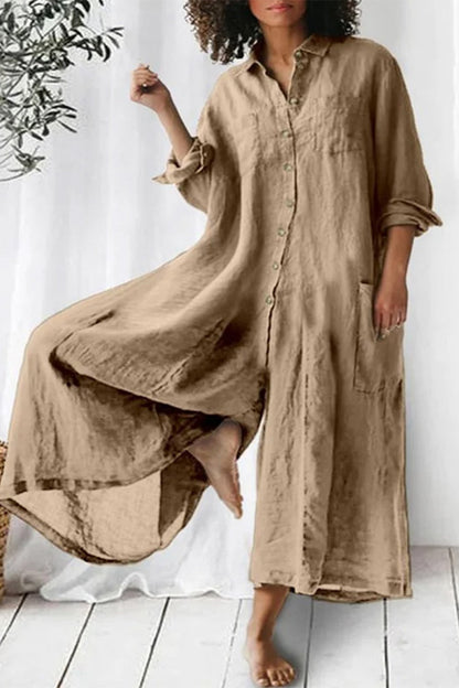 Casual vacation solid pocket buttons turn-down collar loose jumpsuits (3 colors)