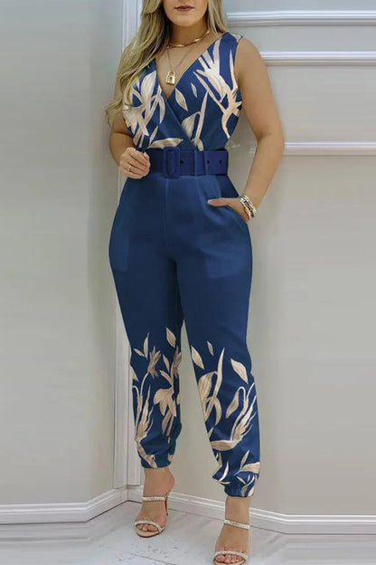Sexy Casual Solid Backless With Belt V Neck Regular Jumpsuits