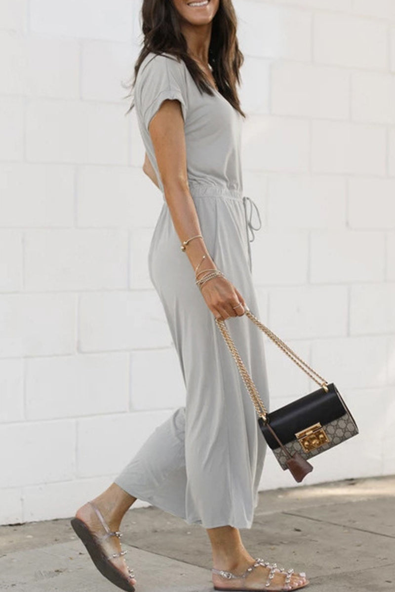 Casual Everyday Fixed Pocket Frenulum V Neck Jumpsuits