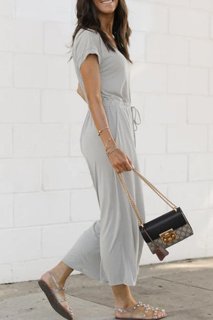 Casual Everyday Fixed Pocket Frenulum V Neck Jumpsuits