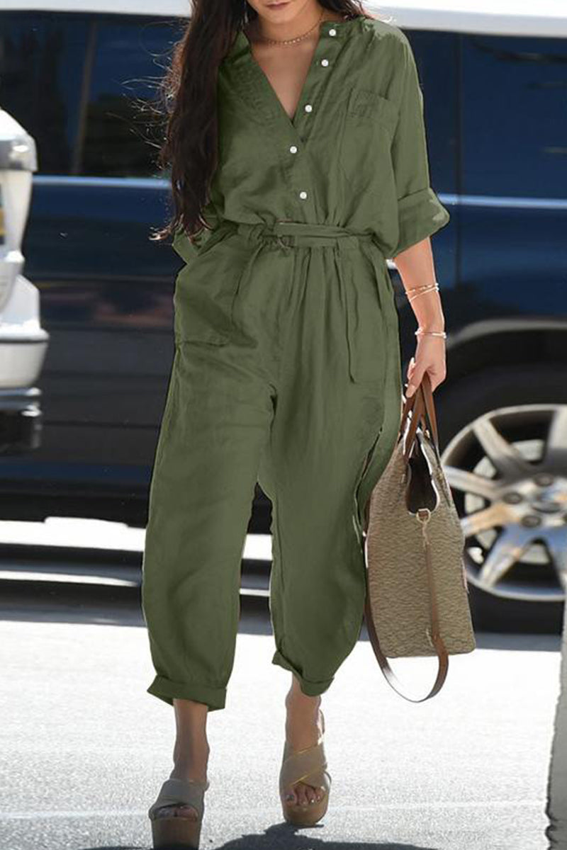 LD Casual Everyday Solid Frenulum Turn-down Collar Regular Jumpsuits (3 colors)