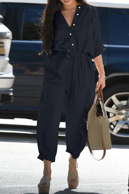 Casual Everyday Solid Frenulum Turn-down Collar Regular Jumpsuits (3 colors)