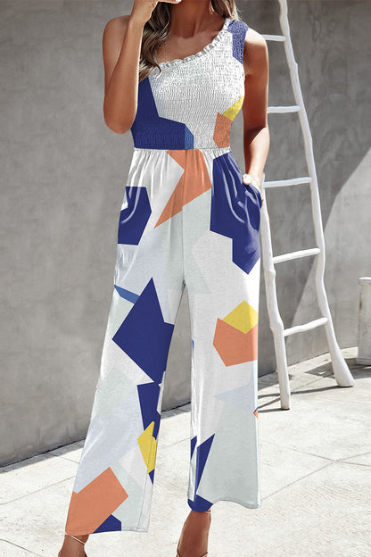Casual Print Patchwork Bag Bias Collar Loose Jumpsuits