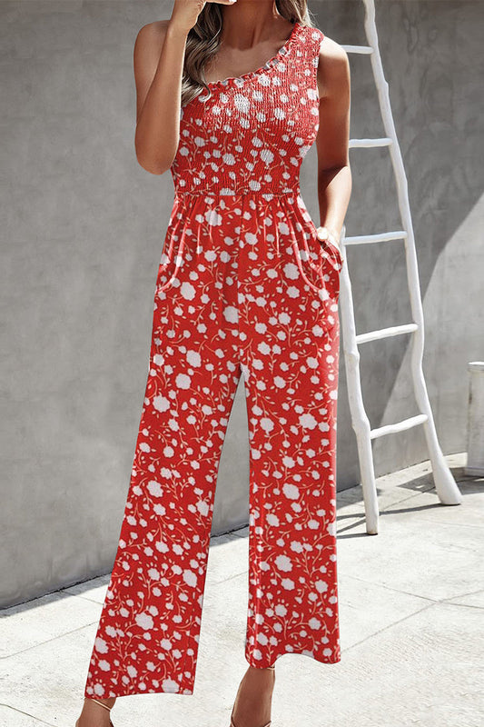Casual Print Patchwork Bag Bias Collar Loose Jumpsuits