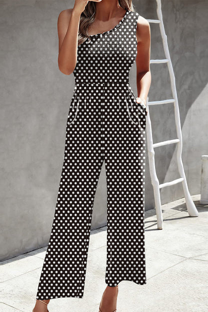 Casual Print Patchwork Bag Bias Collar Loose Jumpsuits