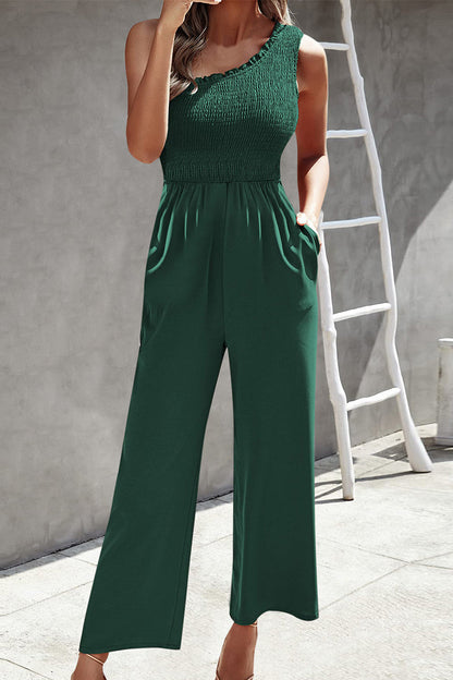 Casual Print Patchwork Bag Bias Collar Loose Jumpsuits