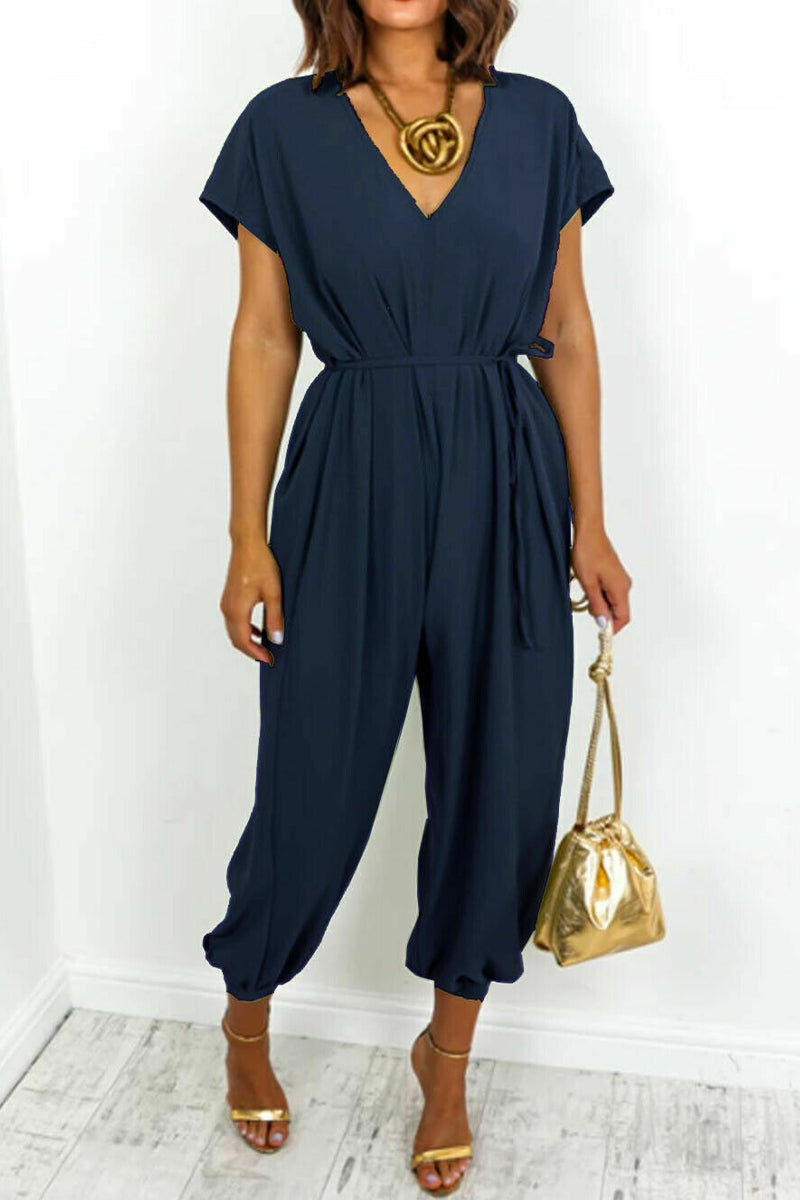 Casual Simplicity Solid Frenulum V Neck Loose Jumpsuits (11 Colors)