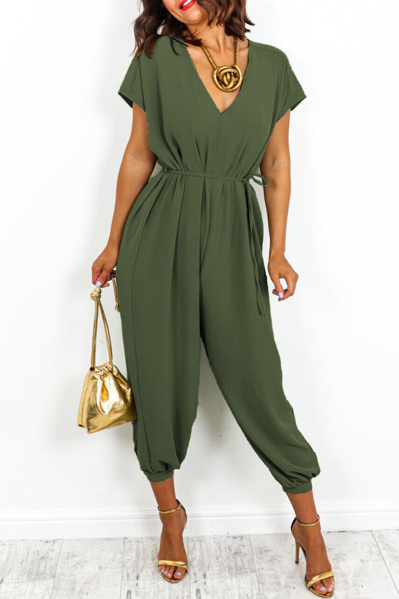 Casual Simplicity Solid Frenulum V Neck Loose Jumpsuits (11 Colors)