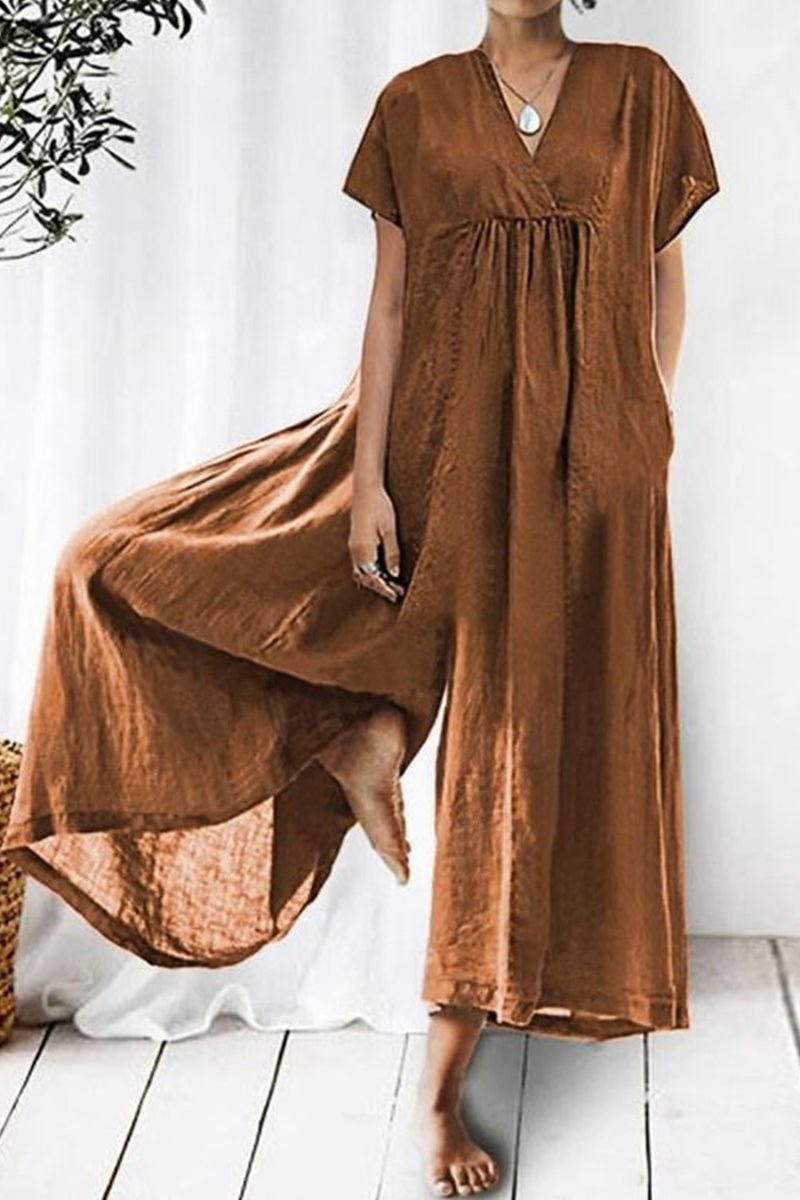 Casual Everyday Fixed Pocket V Neck Loose Jumpsuits