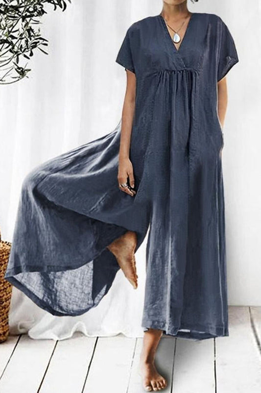 Casual Everyday Fixed Pocket V Neck Loose Jumpsuits