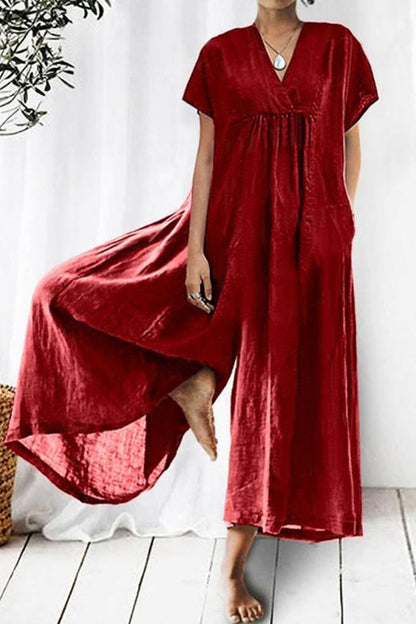 Casual Everyday Fixed Pocket V Neck Loose Jumpsuits