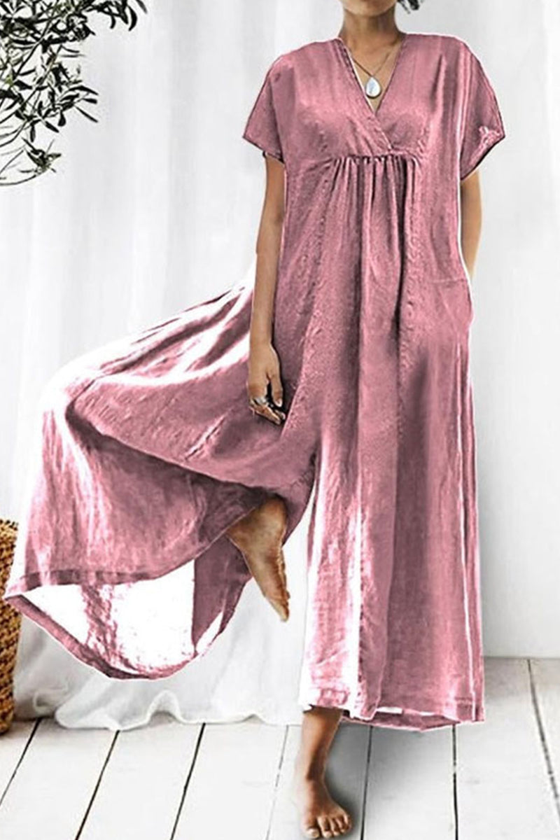 Casual Everyday Fixed Pocket V Neck Loose Jumpsuits