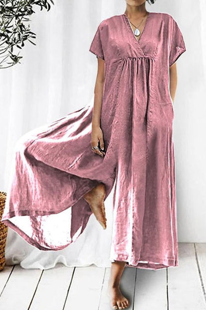 Casual Everyday Fixed Pocket V Neck Loose Jumpsuits