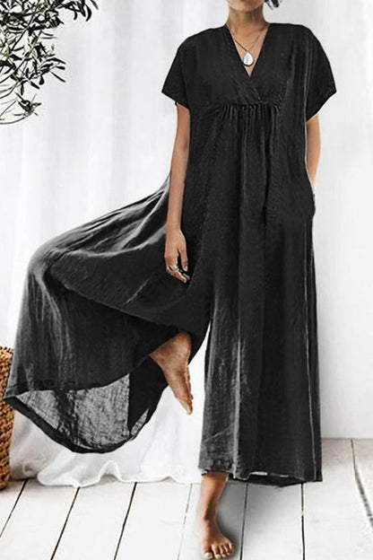 Casual Everyday Fixed Pocket V Neck Loose Jumpsuits