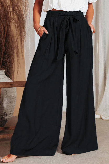 Casual Solid Pocket Frenulum Loose High Waist Wide Pipe Solid Color Pants