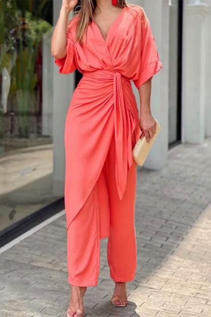 Casual Solid Frenulum V Neck Regular Jumpsuits (3 colors)
