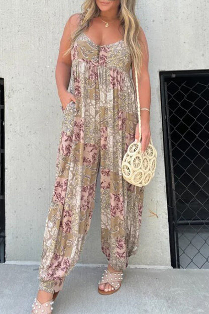 Floral Pocket V-Neck Loose Jumpsuits