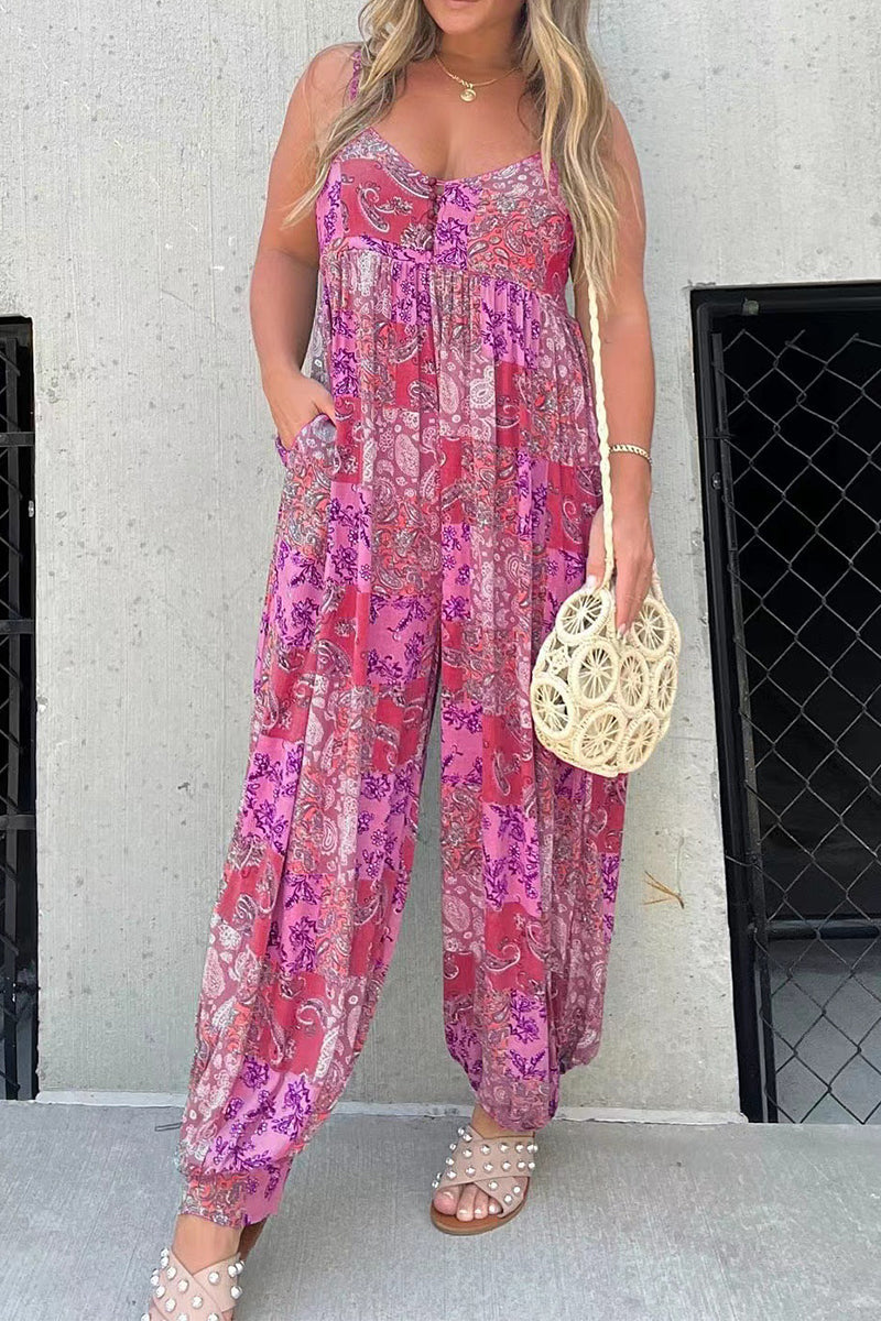 LD Floral Pocket V-Neck Loose Jumpsuits