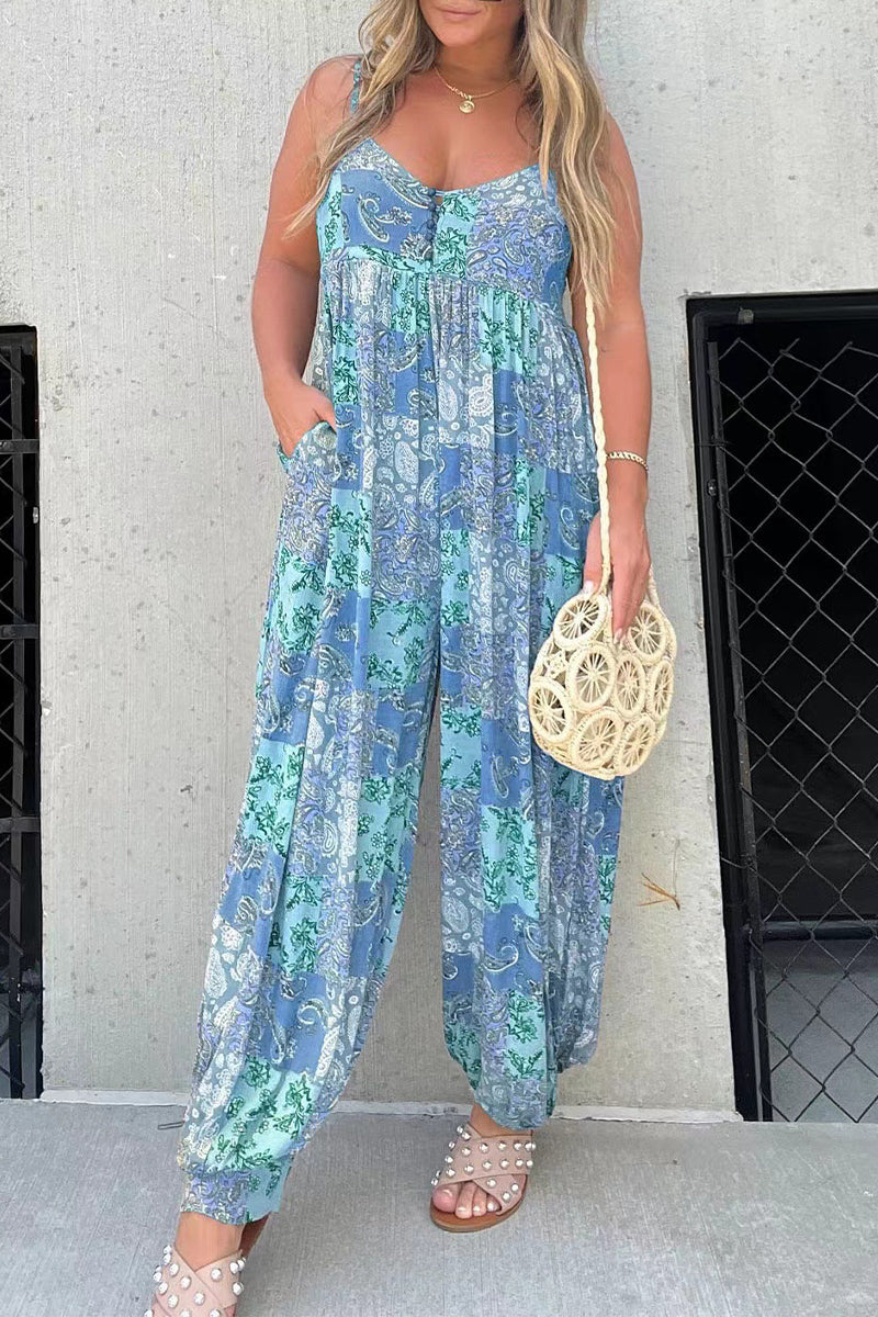 Floral Pocket V-Neck Loose Jumpsuits