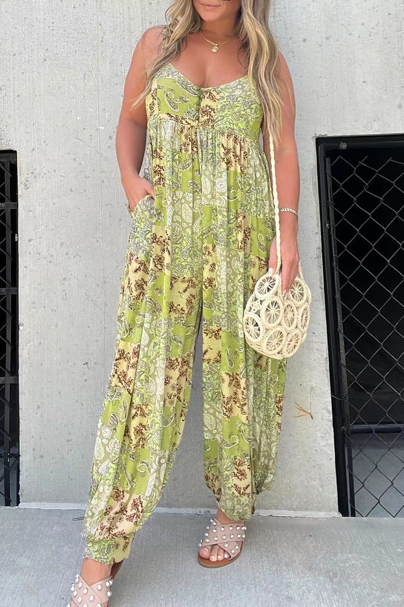 LD Floral Pocket V-Neck Loose Jumpsuits