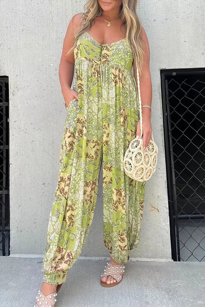 Floral Pocket V-Neck Loose Jumpsuits